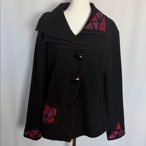 Vintage Carson Wool Jacket  Black Jacket Size L Lagenlook Pink Accents Boho